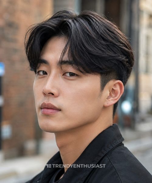 Low fade middle part haircut on a Korean man with soft layered black hair and a clean center part.