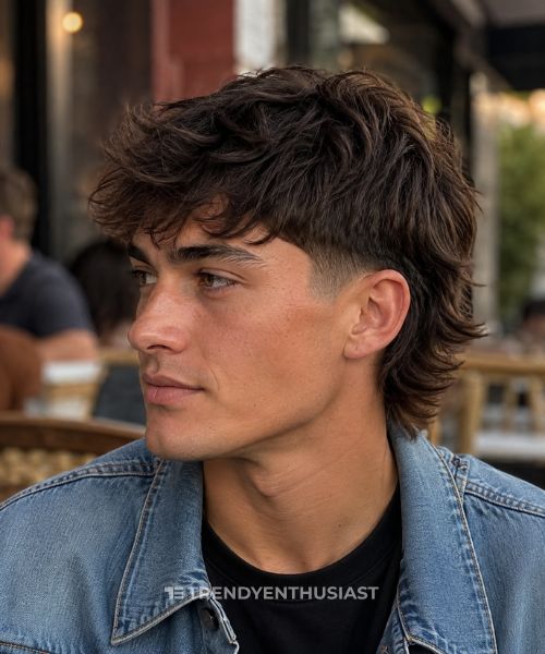 Low Fade Mullet hairstyle on a young man with chestnut brown hair, wearing a denim jacket in an outdoor café.