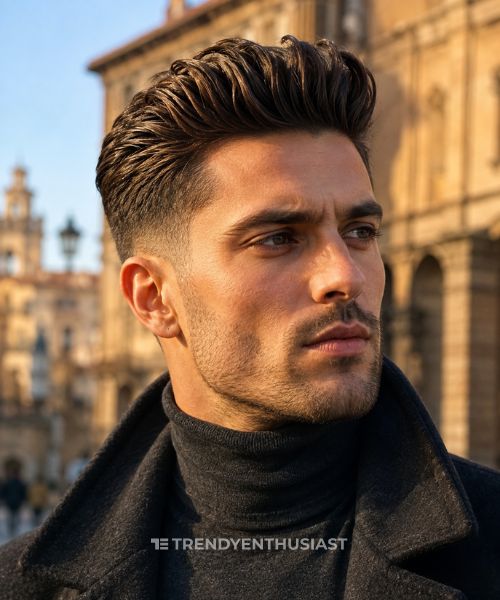 Italian man with a textured low fade pompadour hairstyle in golden-hour outdoor portrait.