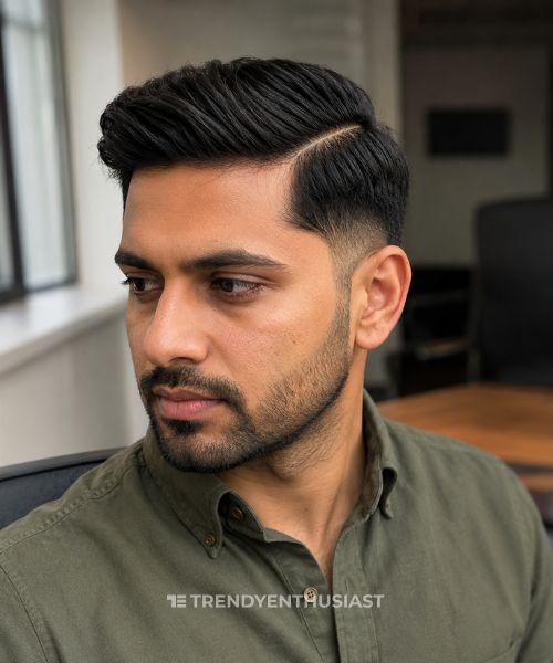 South Asian man with a low fade side part hairstyle in an olive Oxford shirt