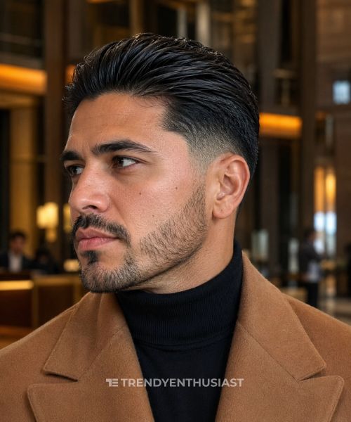 Low Fade Slick Back hairstyle on a Hispanic man wearing a camel overcoat and black turtleneck in a luxury hotel lobby.