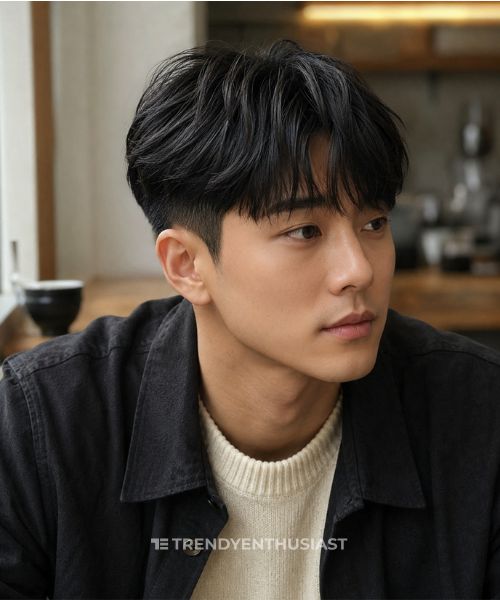 Low Fade Two Block hairstyle on a Korean man in a cream sweater and charcoal overshirt, photographed in a softly lit café.