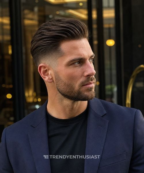 Low fade undercut hairstyle with slicked-back textured hair on a man wearing a navy blazer.