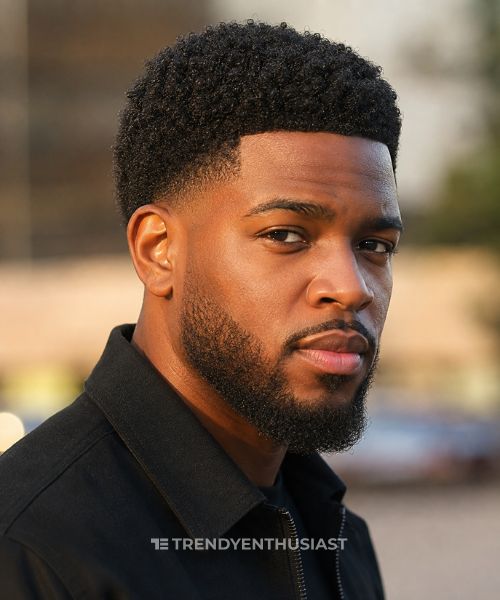 Black man with a low fade haircut and defined coily hair in a close-up outdoor portrait.