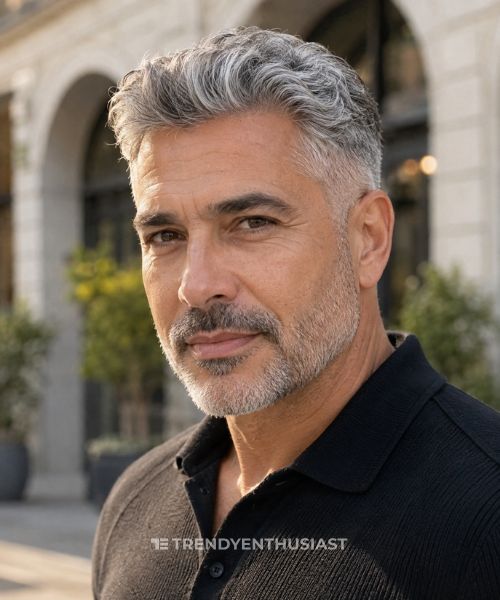Distinguished man with a low fade and neatly styled gray hair.