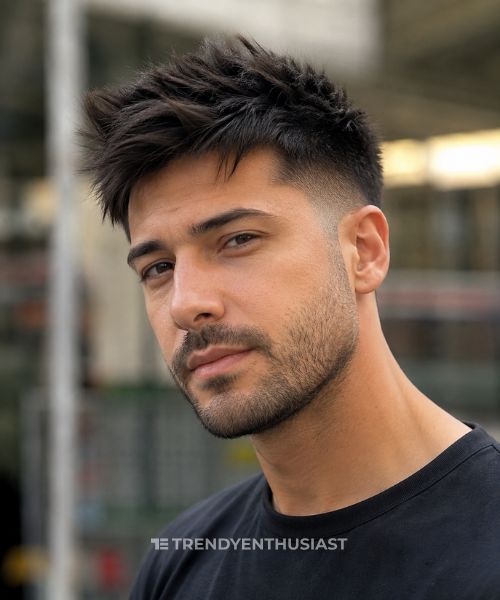 Man with a low fade and textured straight hair styled with natural volume.