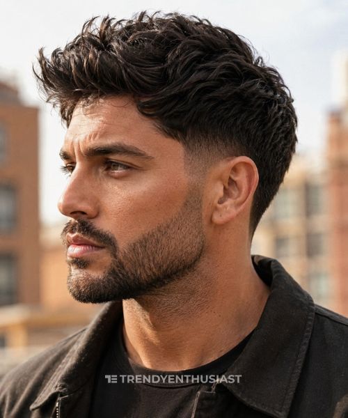 Man with a low fade and thick textured hair styled for volume.