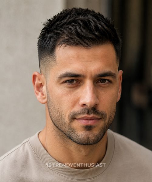 Man with a low fade and textured thin hair styled to appear fuller.