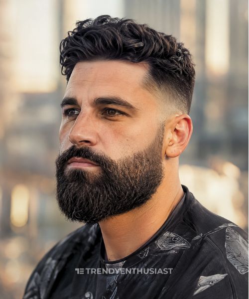Low fade with beard hairstyle featuring a textured top, clean fade blend, and full groomed beard in a realistic portrait.