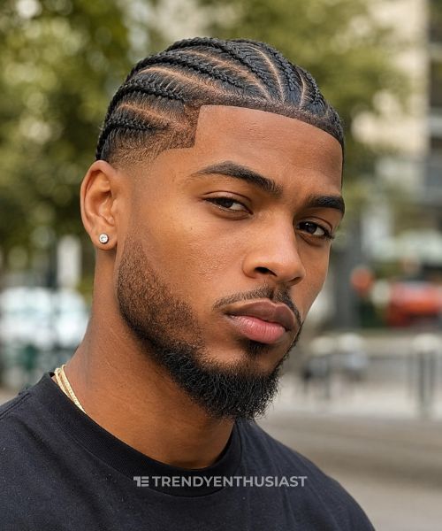 Black man with neat cornrow braids and a sharp low fade in a close-up portrait with a softly blurred city background.