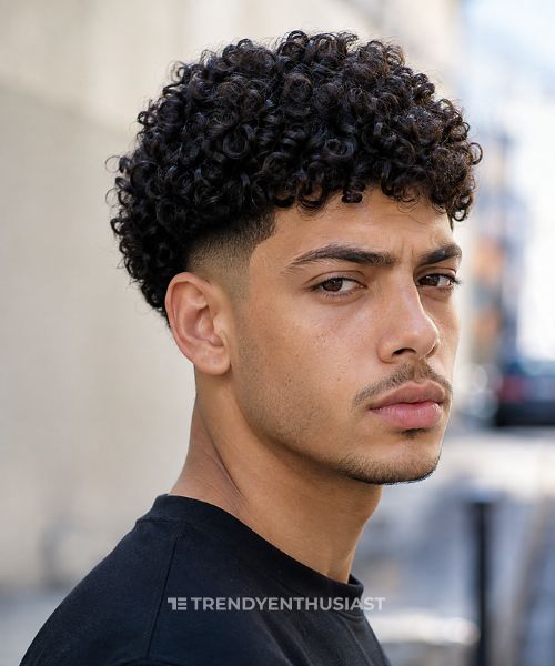 Young man with a low fade haircut and defined natural curls in a realistic outdoor portrait.