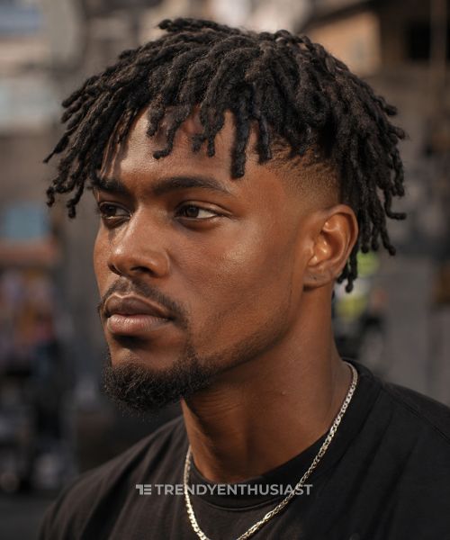 Low fade with medium-length dreadlocks on a Black man, photographed in warm natural light with a blurred urban background.