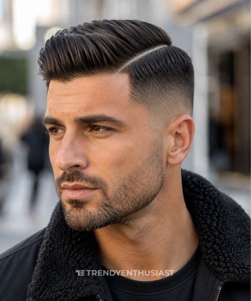 Low fade with hard part haircut featuring a sharp comb-over in a realistic men's portrait.