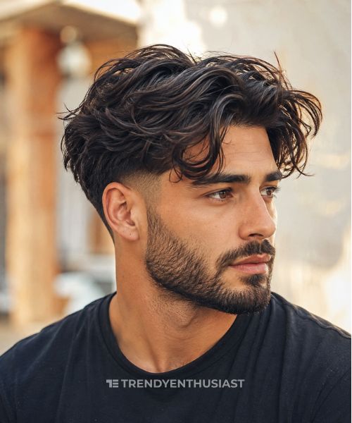 Man with a low fade and long wavy hair styled back in a realistic outdoor portrait.