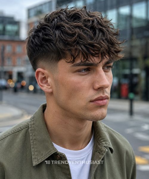 Young man with a low fade and messy textured fringe hairstyle in a realistic close-up portrait.