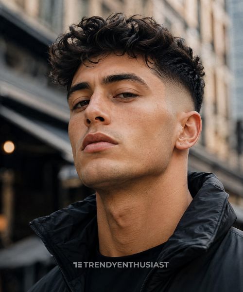 Low skin fade haircut with textured curly top in a realistic close-up men's portrait.