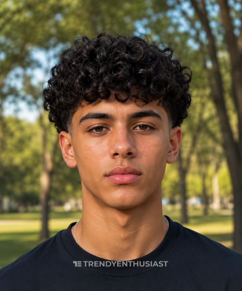 Confident teenage man with thick black curls and a low taper fade in a close-up outdoor portrait.