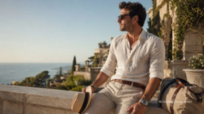 Stylish British man wearing summer accessories, linen shirt, sunglasses and Panama hat by the Mediterranean coast.