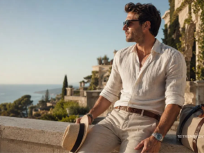 Stylish British man wearing summer accessories, linen shirt, sunglasses and Panama hat by the Mediterranean coast.