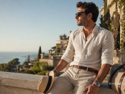 Stylish British man wearing summer accessories, linen shirt, sunglasses and Panama hat by the Mediterranean coast.