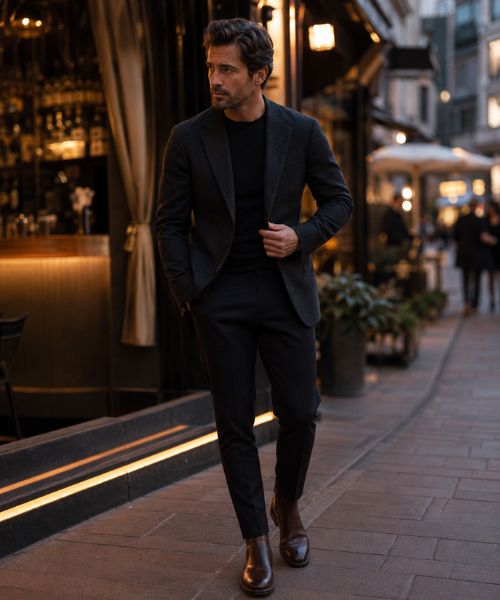 Man wearing a smart dark night out outfit with blazer, tailored trousers, and Chelsea boots outside an upscale evening venue.