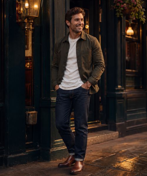 Man wearing an olive overshirt, white T-shirt, dark jeans, and Chelsea boots outside a British pub.