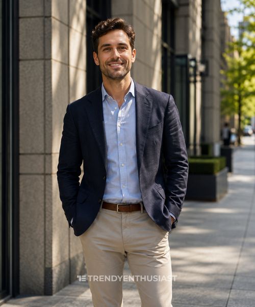 Modern professional wearing a navy unstructured blazer, light blue Oxford shirt, and stone chinos standing confidently outside a stylish office building in soft morning sunlight.