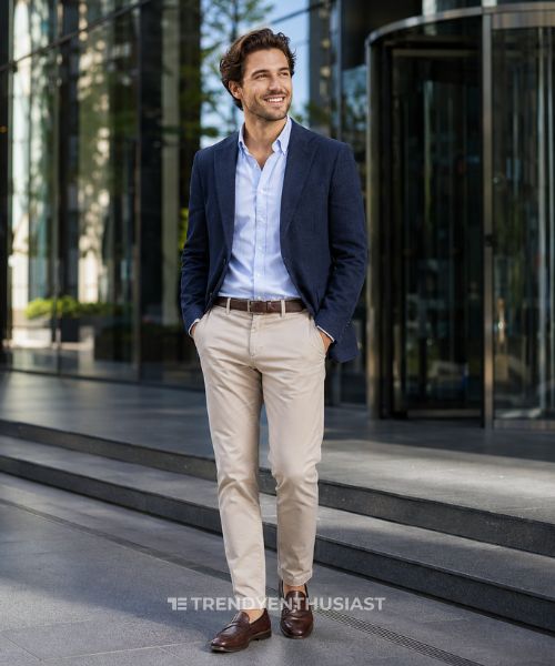 Modern professional wearing a navy unstructured blazer and light blue Oxford shirt outside a contemporary office building.