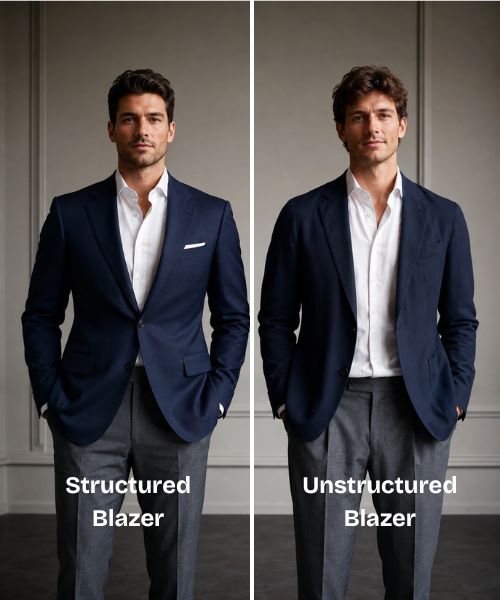 Two men compare a structured and unstructured navy blazer in a side-by-side studio portrait.