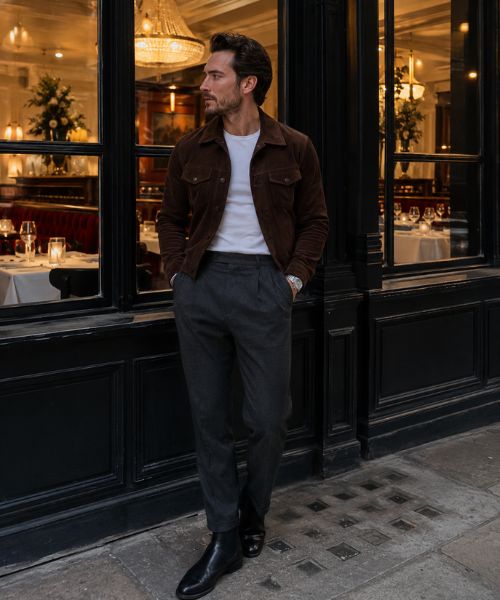 Brown suede trucker jacket with white T-shirt, grey tailored trousers and black Chelsea boots outside an elegant restaurant at night.