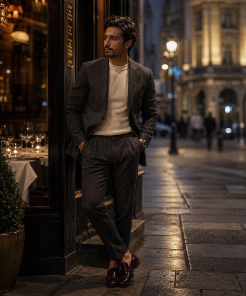 Man in charcoal blazer and cream knit outside a British fine-dining restaurant at blue hour wearing tailored trousers and brown penny loafers.