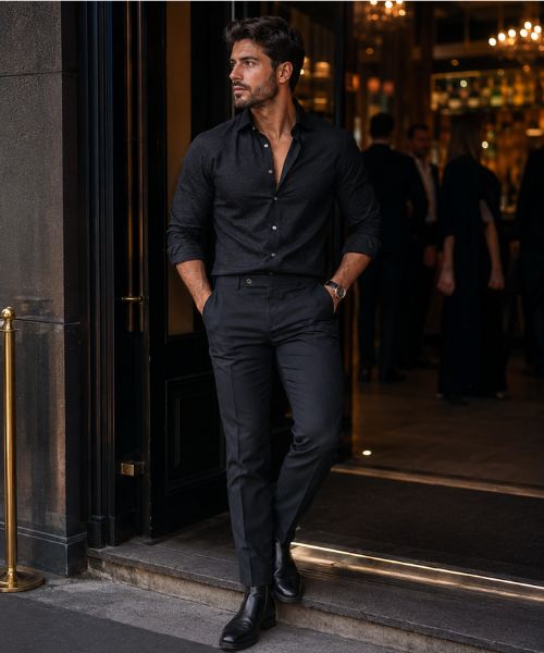 Stylish man in a black textured shirt and tailored charcoal trousers outside an upscale cocktail club at night.