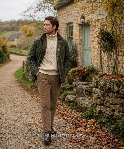 Man wearing a waxed jacket and cable-knit sweater in the English countryside having old money stealth wealth look.
