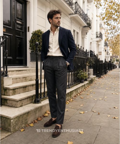 Man wearing a navy blazer with charcoal trousers outside a luxury Mayfair townhouse showing stealth wealth aesthetics.