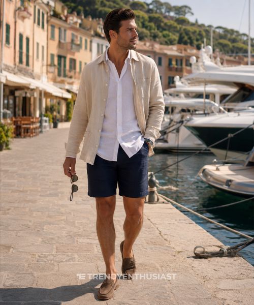 Man wearing luxury linen clothing while walking beside a Mediterranean marina.
