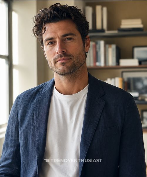 Man wearing a navy unstructured blazer over a white T-shirt in a modern apartment