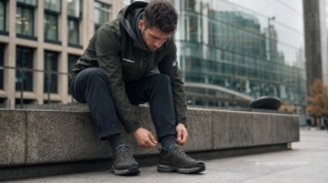 Man lacing up the Approach Shoes while sitting, approach shoes