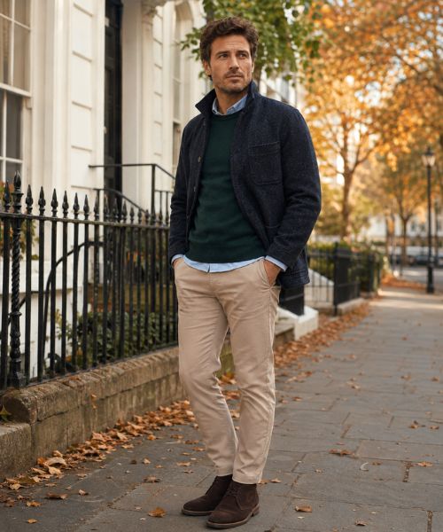Men's autumn smart casual outfit with merino sweater and chinos