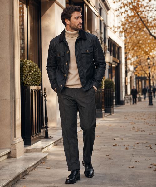 Modern British style with a navy waxed trucker jacket
