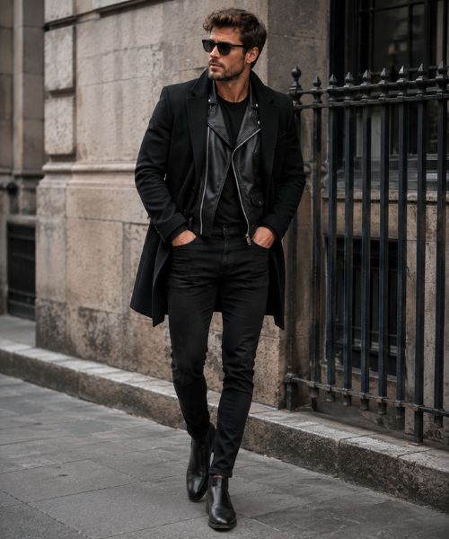 Black jeans with Chelsea boots and a leather jacket.