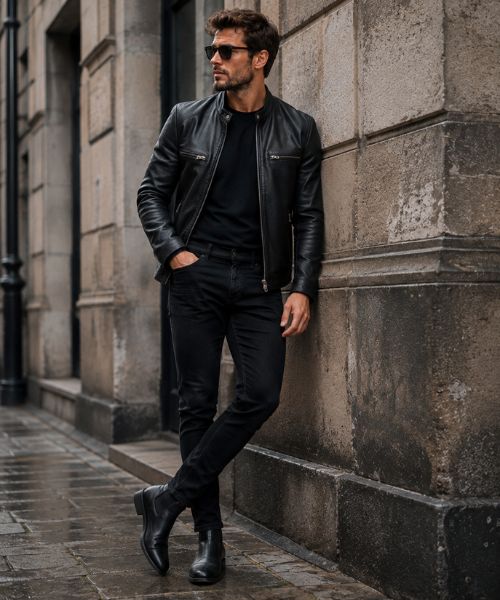 Man wearing black jeans with a leather jacket for a smart-casual outfit.