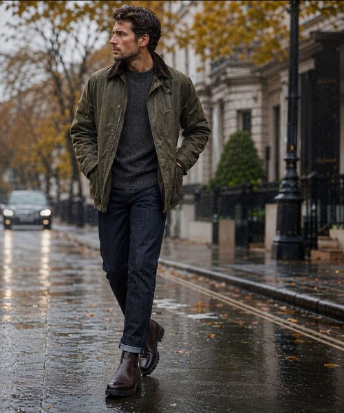 Men's autumn rainy weather outfit with Chelsea boots