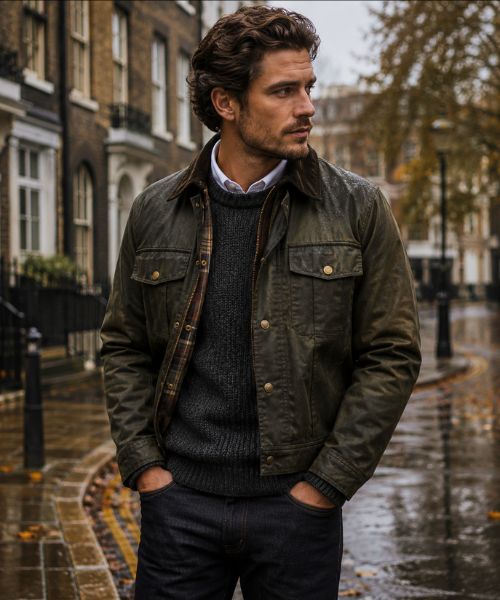 Waxed canvas trucker jacket with warm autumn layers
