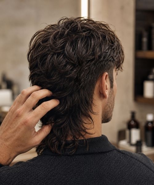 Modern mullet fade back with textured crown and tapered sides.