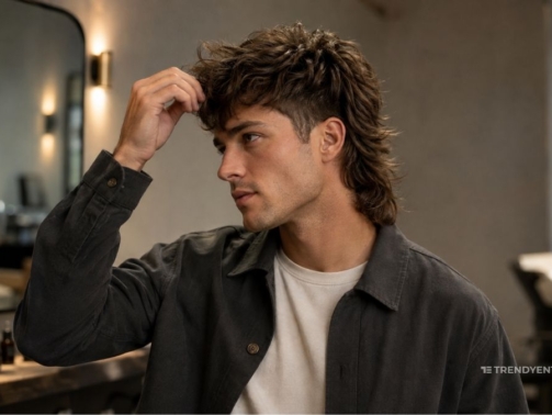 How to style a mullet on a modern textured haircut in a barbershop.