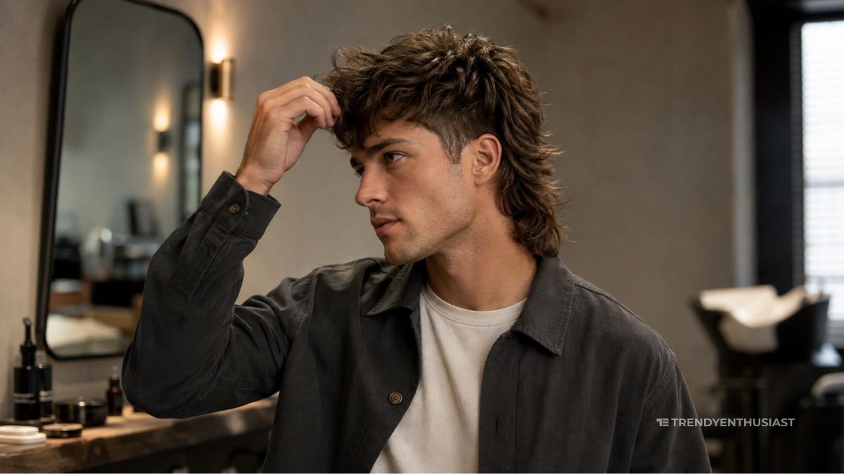How to style a mullet on a modern textured haircut in a barbershop.