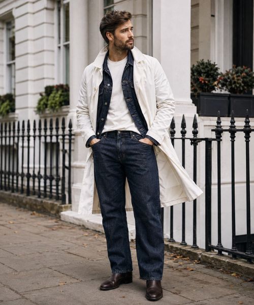 British gentleman in a white trench coat, dark denim jacket, jeans and brown boots in London.