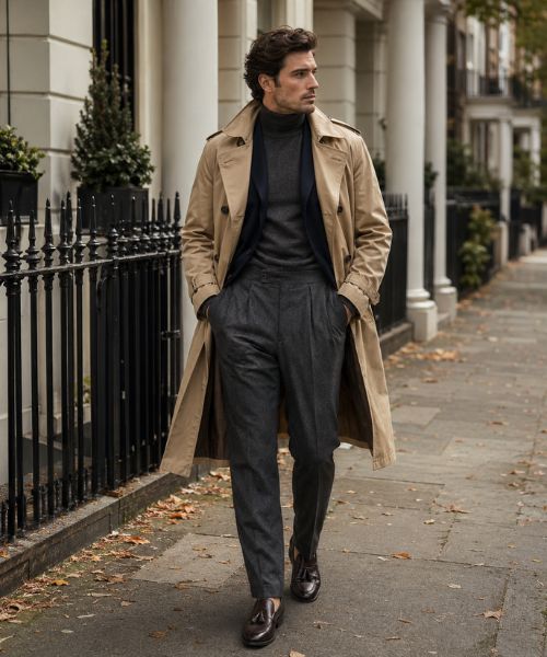 British gentleman wearing a beige trench coat, charcoal turtleneck and pleated trousers on a London street.