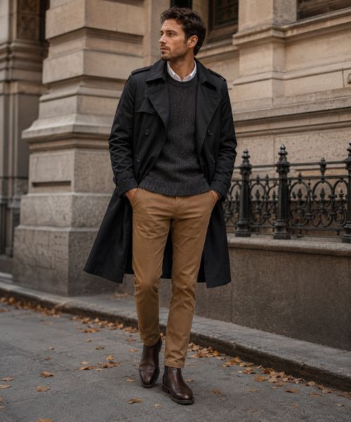 British gentleman in a black trench coat, chunky sweater and camel chinos in London.