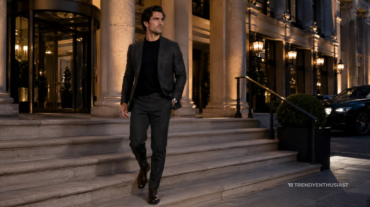Man wearing a charcoal blazer, black merino knit, tailored trousers, and Chelsea boots showing night out outfits walking down the steps of a luxury British hotel at dusk.